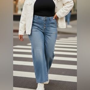 Chico's Wide Leg Ankle Faux Button fly High Waist Pull On Blue Stretch Jean 12P